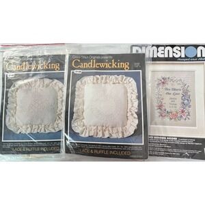Vintage Candlewicking Pillow Kits & Dimensions Wedding Record Cross Stitch Lot